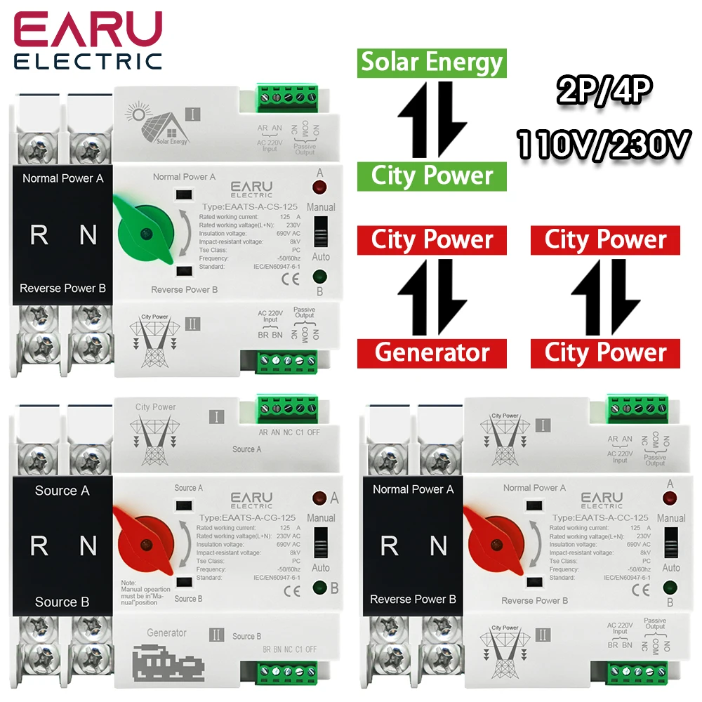 ATS PV 2P 4P 125A AC 110V AC 230V Dual Power Automatic Transfer Switch Electrical Selector Switches Uninterrupted Power Din Rail