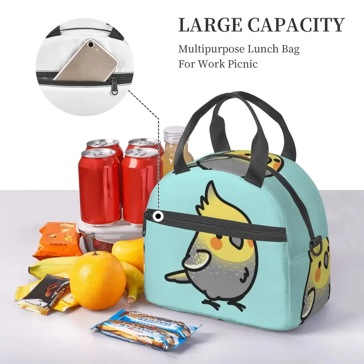 Chubby Pearl Cockatiel Insulated Lunch Bag for School Bento Storage Food Boxes Portable Cooler Thermal Lunch Box Tote