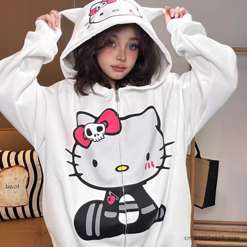 Sanrio Hello Kitty Clothes Y2k Couple Loose Sweatshirts Women Cartoon American Style Hoodies Cute Zip Up Jacket Female Trend Top