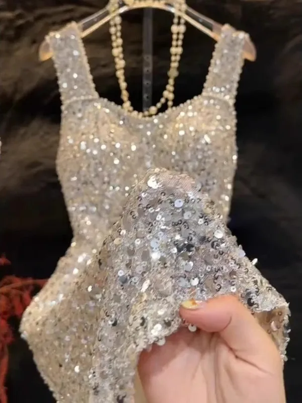 

Ele Silver Sequin Gown Waist-Cinching Summer Luxury Dr Korean Sle Zipper Performance Dr Polyester Fiber No Sve