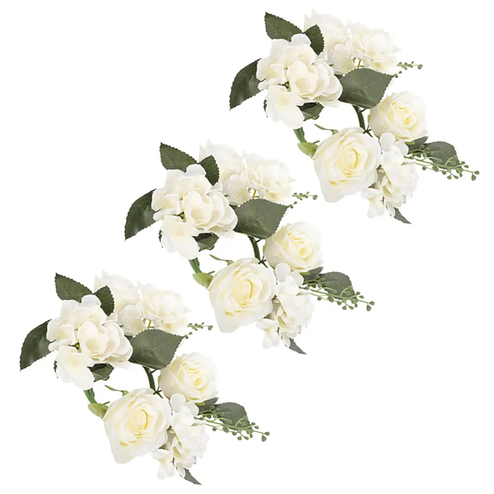

3pcs Simulated Rose Wreath Ring Wedding Party Decoration Tabletop Floral Holder Pillar Rings Light Weight