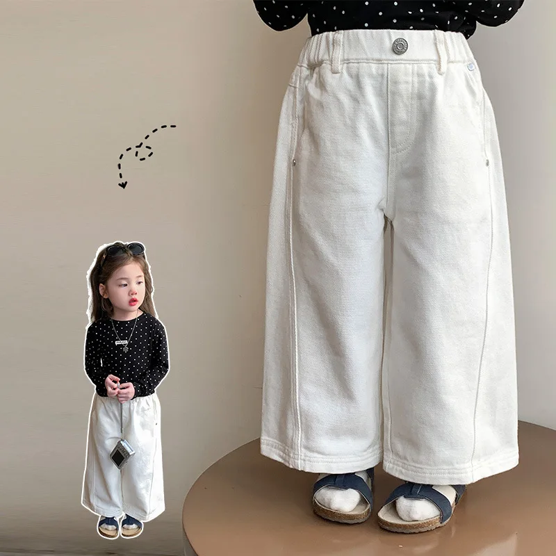 

Girls Pants White 2025 New Children's Spring Clothes Girls Casual Pants Medium and Children's Straight Wide-leg Pants