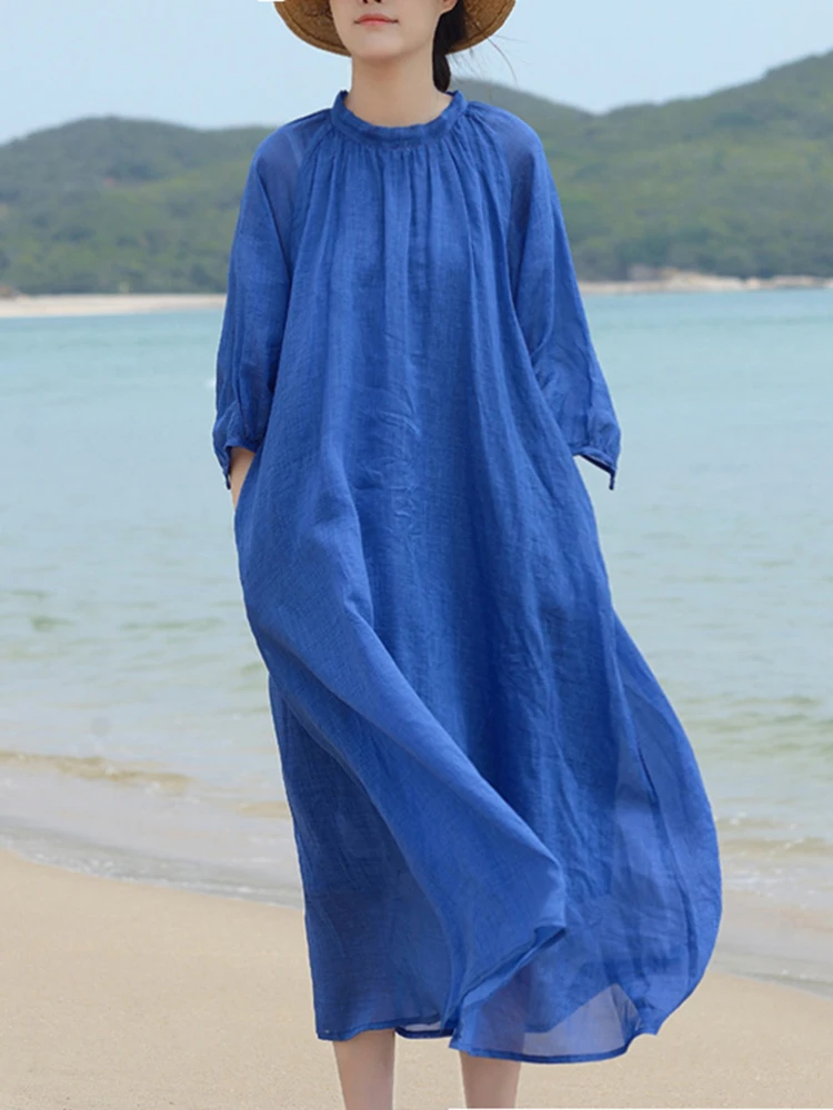 Blue Flax Loose Summer Dr Women's Gown Retro Artistic Tea Clothing Wide Hemline Long Dr Casual Vaion Sle A-Line