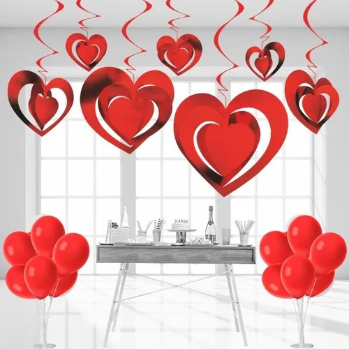 Aydınlı Party 3 Dimensional Spiral Red Color Heart Shaped Ceiling Hangings Süsü 12 PCs