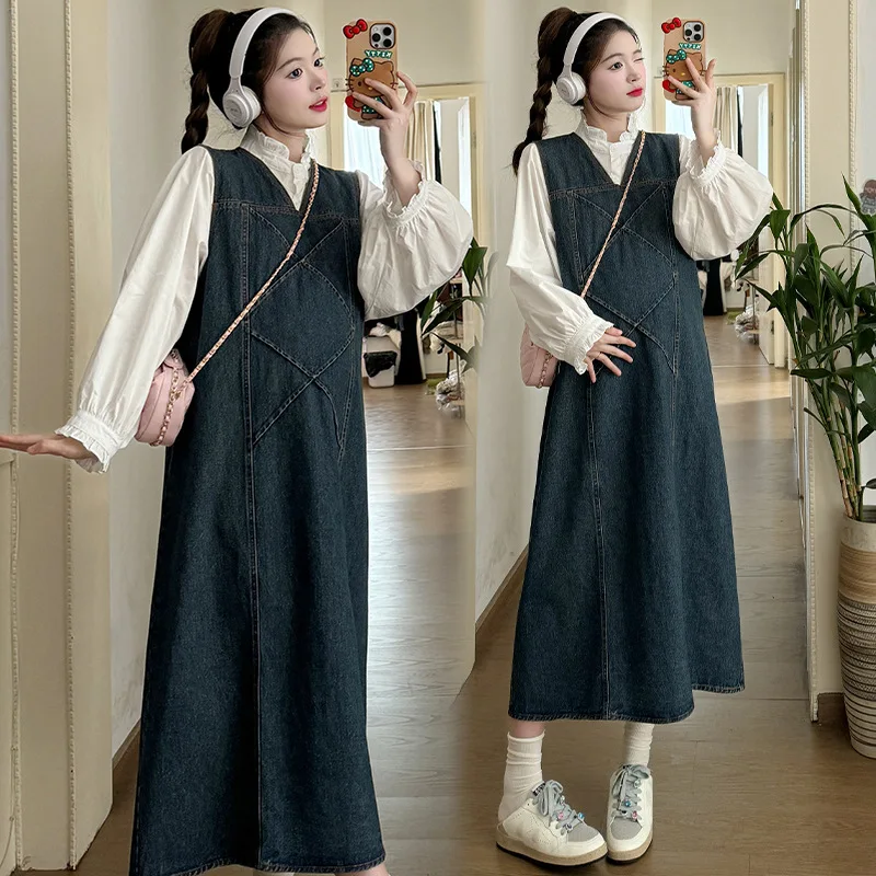 2025 Denim Pregnancy Set Autumn Chambray Shirt Pinafore Dress Two Piece Outfit Stylish Comfortable Chic Maternity Wear