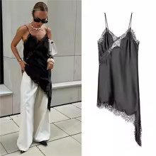 Cami Tops Black Lace V Neck Patchwork Sleeveless Y2K Style for Women - Long Black Top