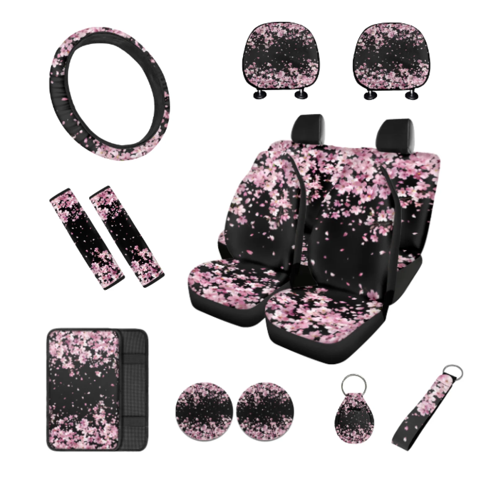 Coloranimal Cherry Blossom 14 Pieces Automobile Seat Covers Set with Stretch Steering Wheel Cover and Auto Center Console Pad