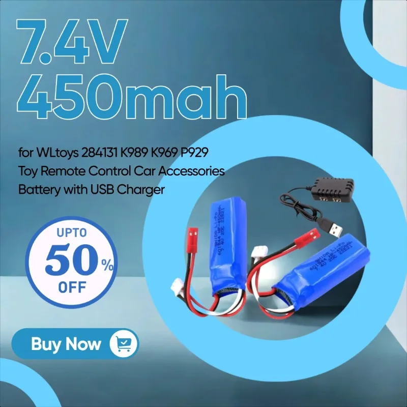 

7.4V 450mah 20C Li-polymer Battery for WLtoys 284131 K989 K969 P929 Toy Remote Control Car Accessories Battery with USB Charger
