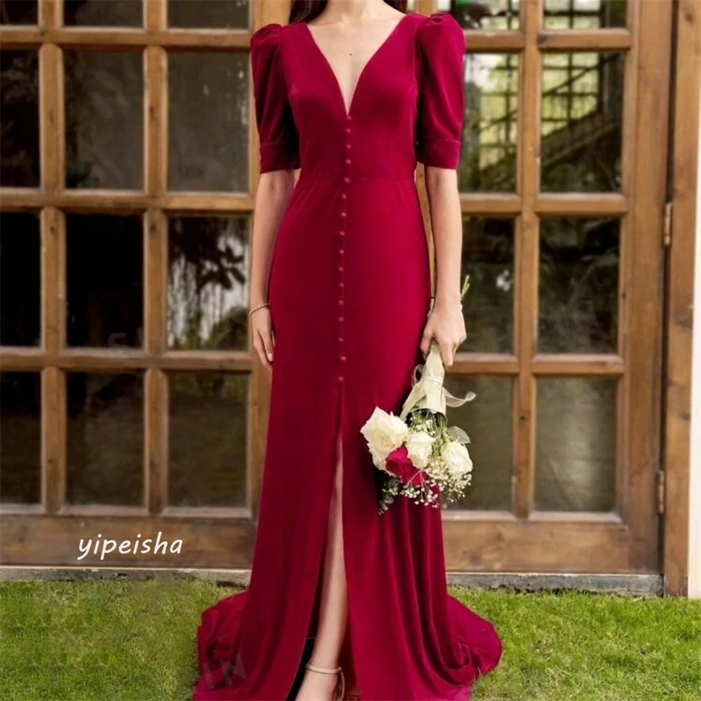 Jersey Button Draped Pleat Homecoming A-line V-Neck Bespoke Occasion Gown Long Dresses