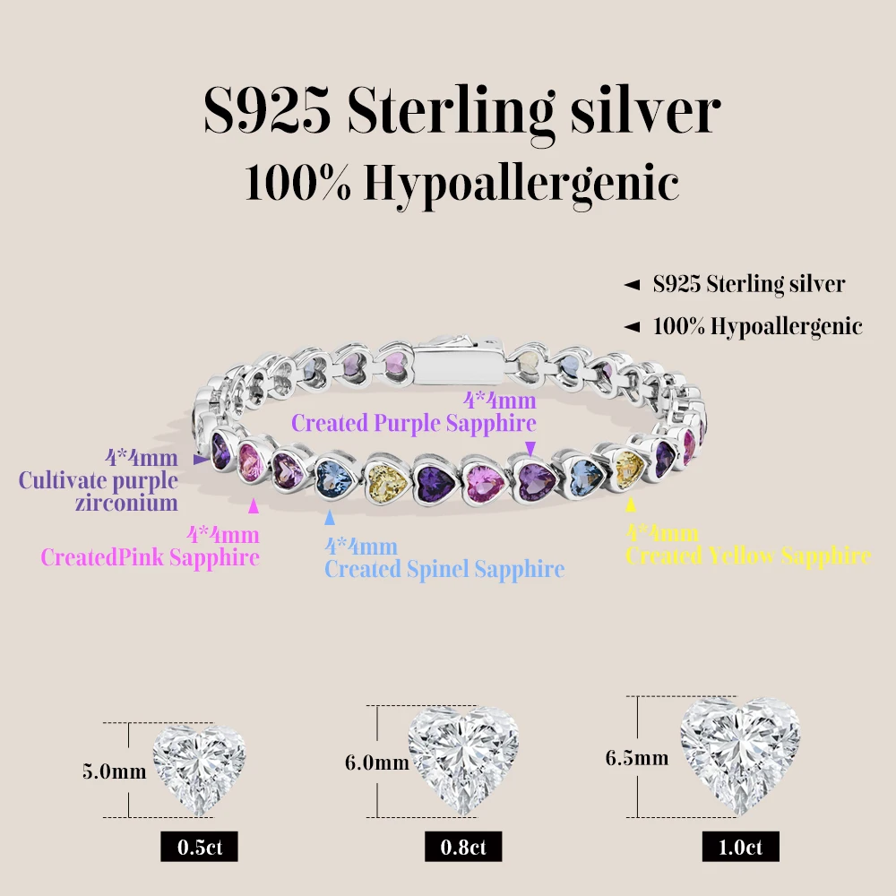 MINTYBOX Lab Corundum Bracelet Heart Colorful Tennis Bracelets for Women S925 Sterling Silver Vintage Engagement Wedding Jewelry