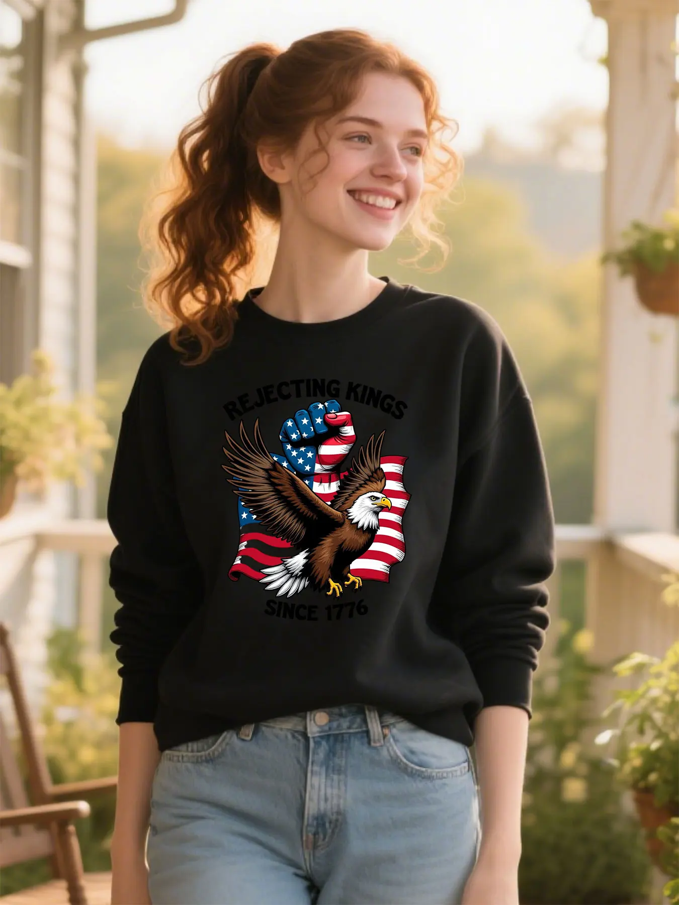 

Cotton Blend Patriotic Print Crewneck With REJECTING KINGS Eagle Since 1776 Graphic Unisex Holiday Gift​