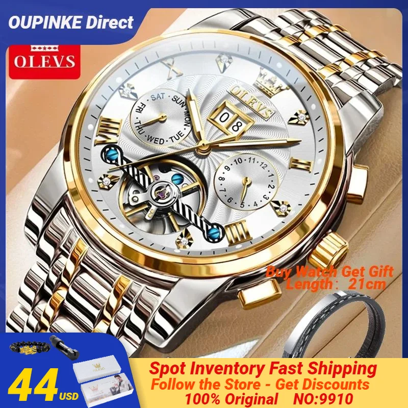 OLEVS 9910 Tourbillon Men's Watches Dual Calendar Waterproof Stainless steel Luminous Luxury Automatic Mechanical Watch for Men