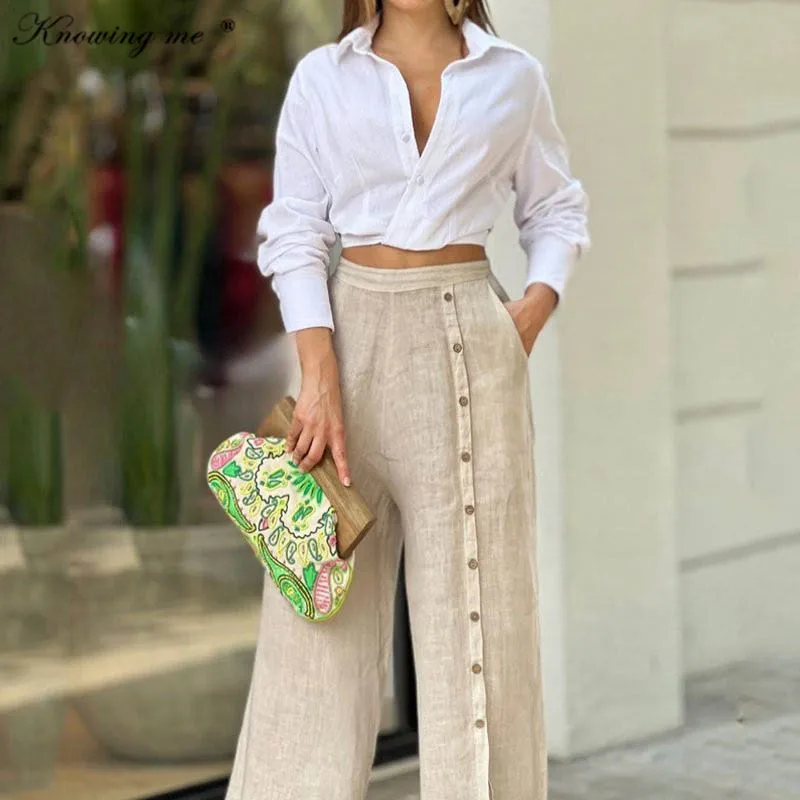 

Women Elegant blouse shirt 2pcs set Spring long sleeve top and wide led pants 2 pcs set Lady fashion solid color summer outfit