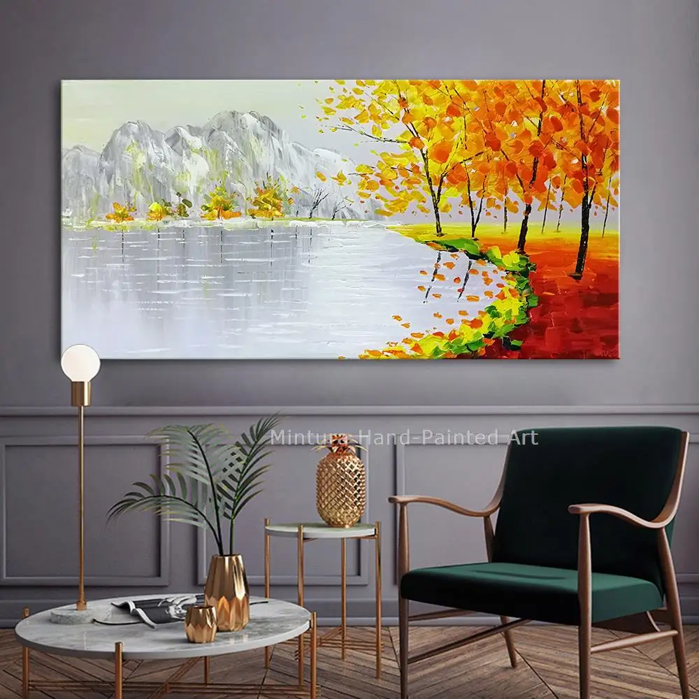 Mintura,Large Artwork Handpainted Maple Leaf Lake Tree Landscape Oil Paintings On Canvas,Wall Art,Picture Living Room Home Decor