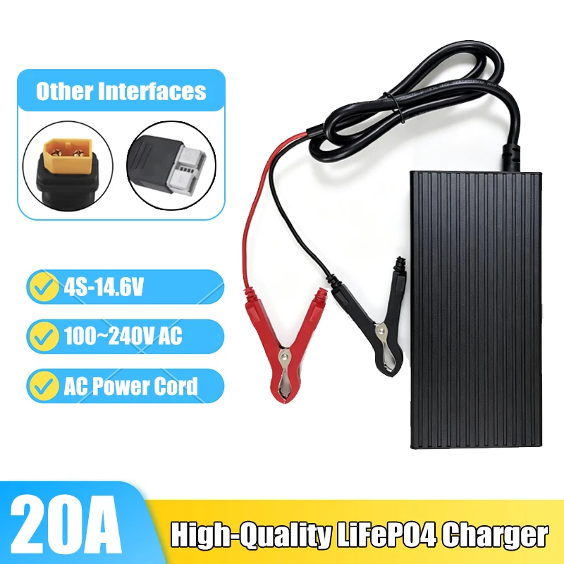 14.6V 20A Lithium Iron Phosphate Battery Charger 4S 12V LiFePO4 Charger with XT60/Anderson/Alligator Clips For Solar RV Marine