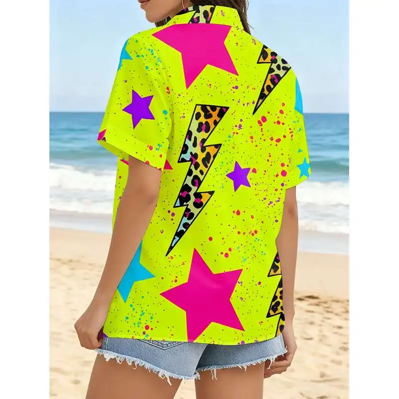 Women Casual Short Sleeve Shirt Neon Base Colorful Star Leopard Lightning Patterns Fashion Button Up Top Machine Washable
