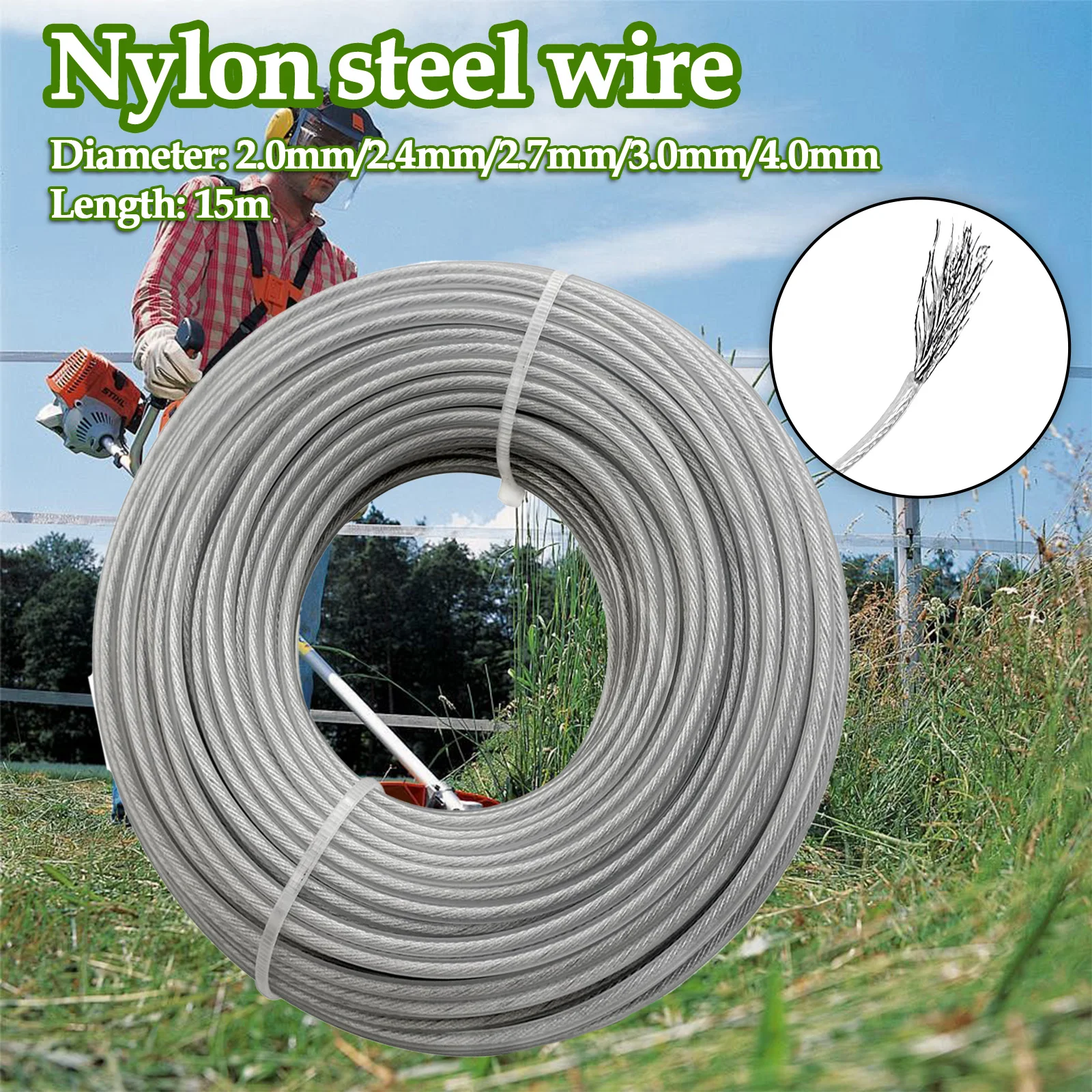 2～4.0mm*15m~50m Steel Wire Grass Trimmer Line Round Brushcutter Trimmer Rope Brush Cutter Wires Rope Accessories