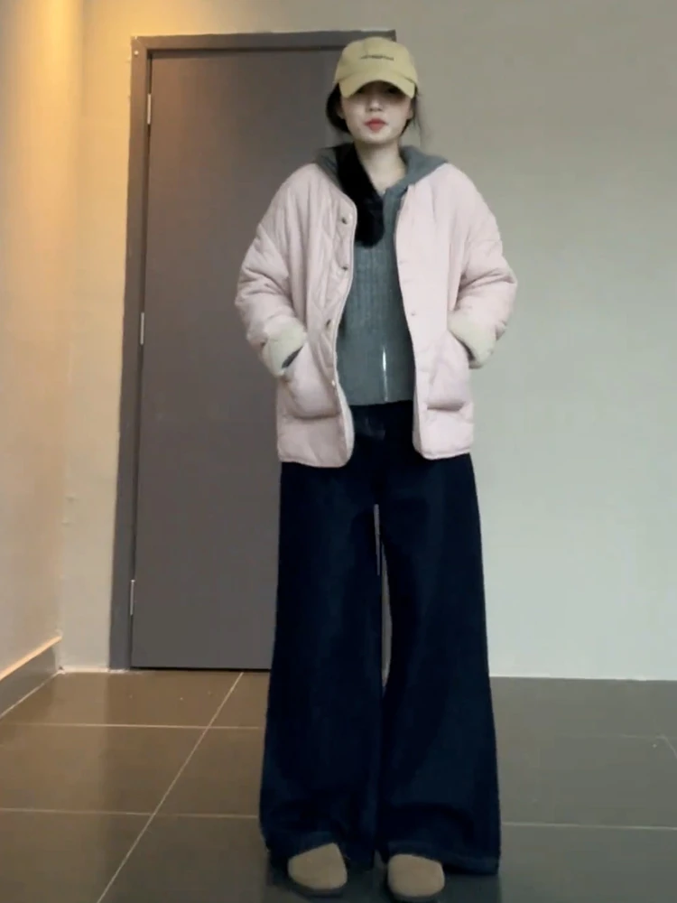 

Pink Cotton Jaet Women's Casual Versatile Autumn Winter New Sle Sweet Japanese Sle Loose Fit Long Sve round Ne