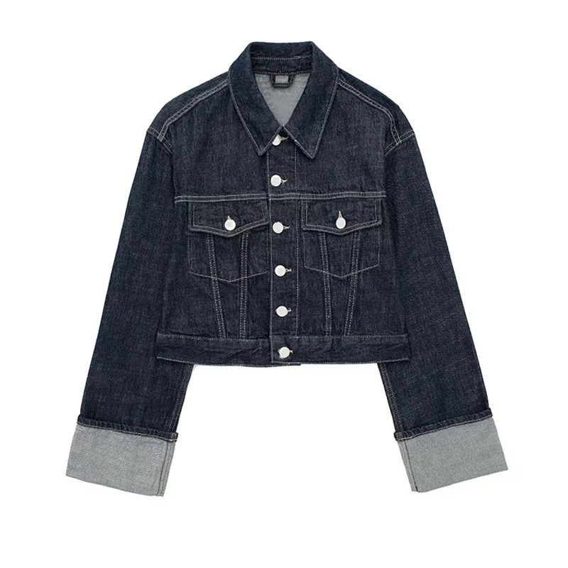 HH TRAF-Veste en jean à col rabattu et ourlets roulés pour femme, veste en jean, simple boutonnage, élégant, rue haute, nouveau, ensemble 2 pièces