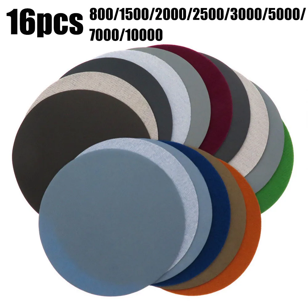 

16pcs 5inch 125MM Round Wet Water Sanding Discs Hook & Loop Flocking Sandpaper 800 Grit 1500 Grit 2000 Grit 2500 Grit 3000 Grit