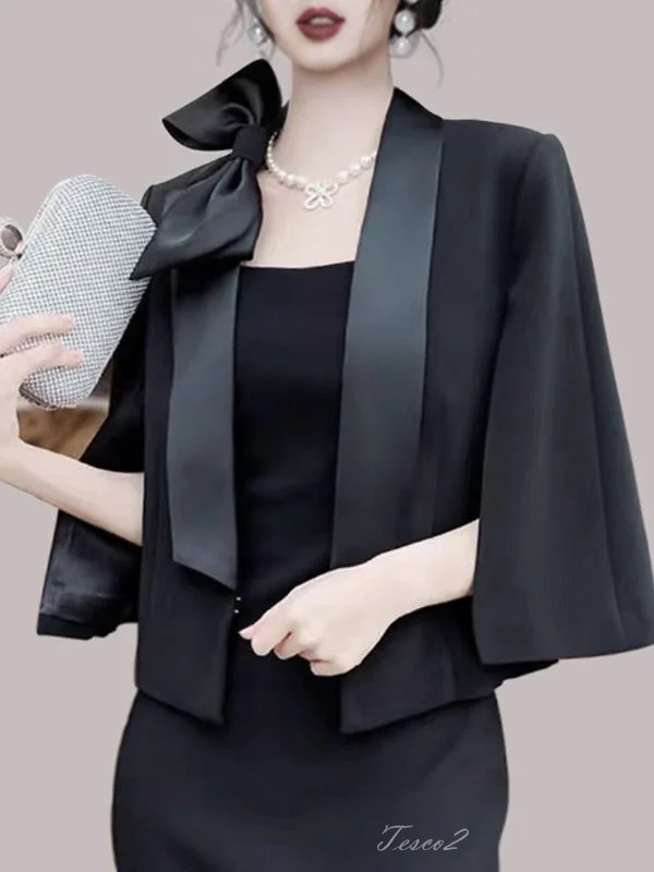 Tesco Black Women's Elegant Suit Blazer Cape Shawl Jacket With Bow For Formal Evening Party Spring New Coat For Lady 2024