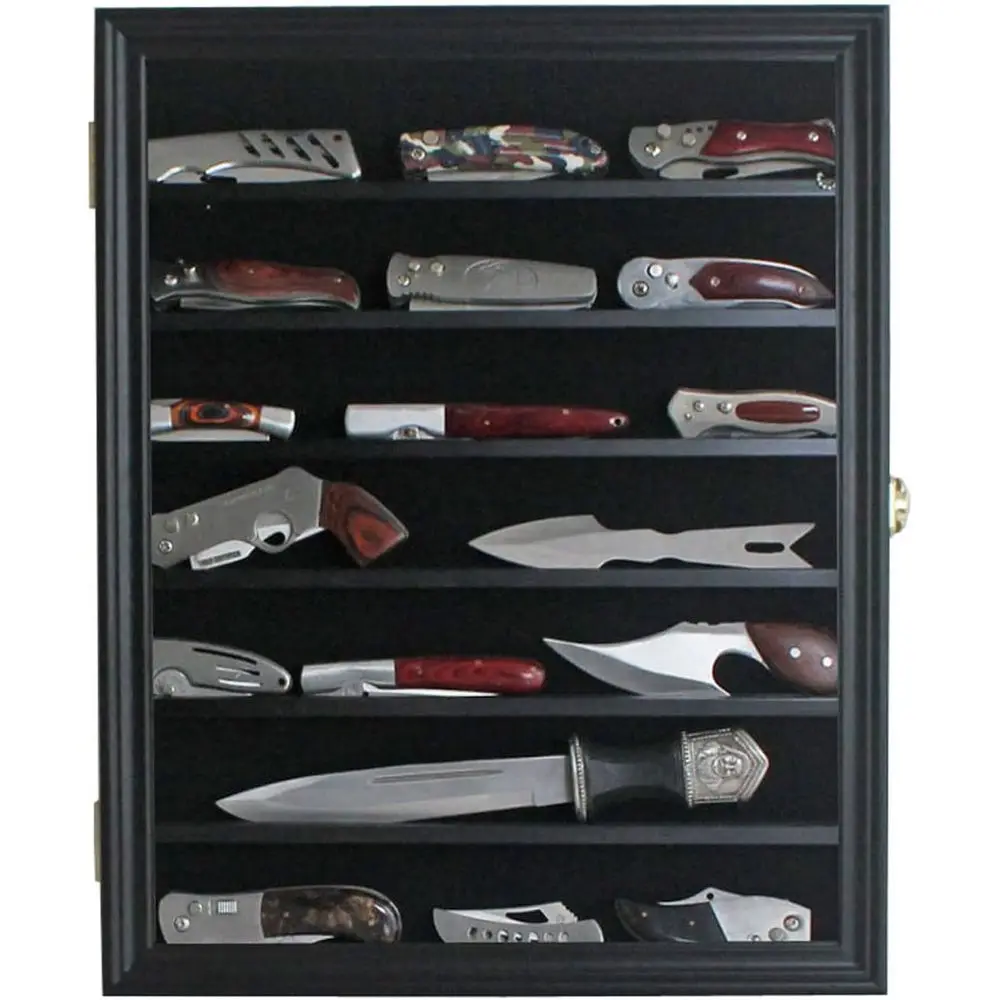 

Wall-Mounted Lockable Display Case for Pocket & Military Folding Knives with UV Protection and Black Finish