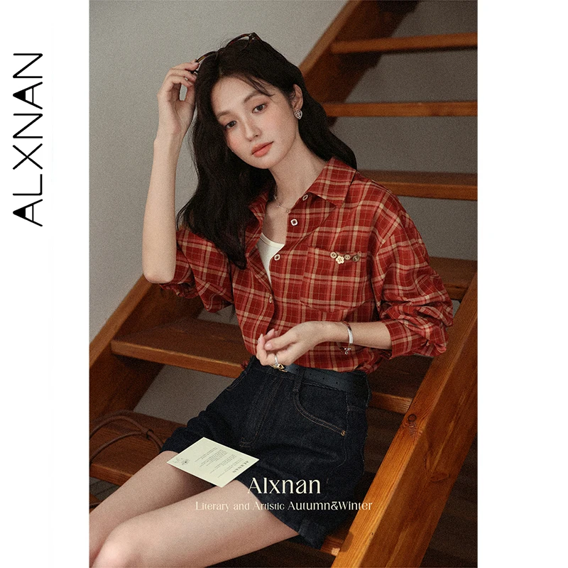 ALXNAN قميص منقوش خمر زهرة زر جيوب فضفاضة تناسب المرأة قمصان الخريف عادية تنوعا التنقل الإناث بلوزة L56836