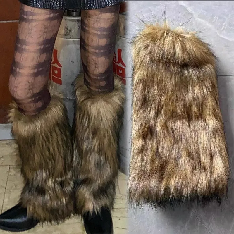 Faux Furs Leg Warmer Winter Brown Furry Long Boot Cuffs Fuzzy Shoe Cover Party Costume for Holiday Festival Performances Play