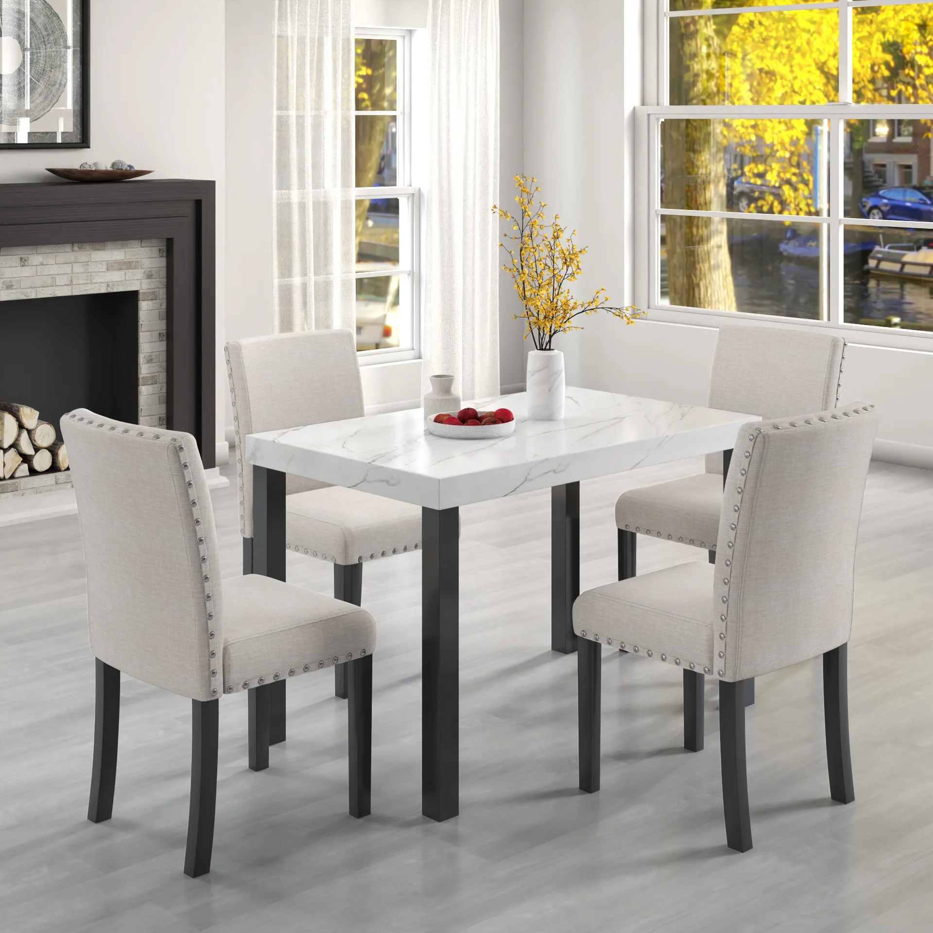 Five-piece dining set with imitation marble tabletop, restaurant combination set, solid wood dining table and 4 chairs, space-sa