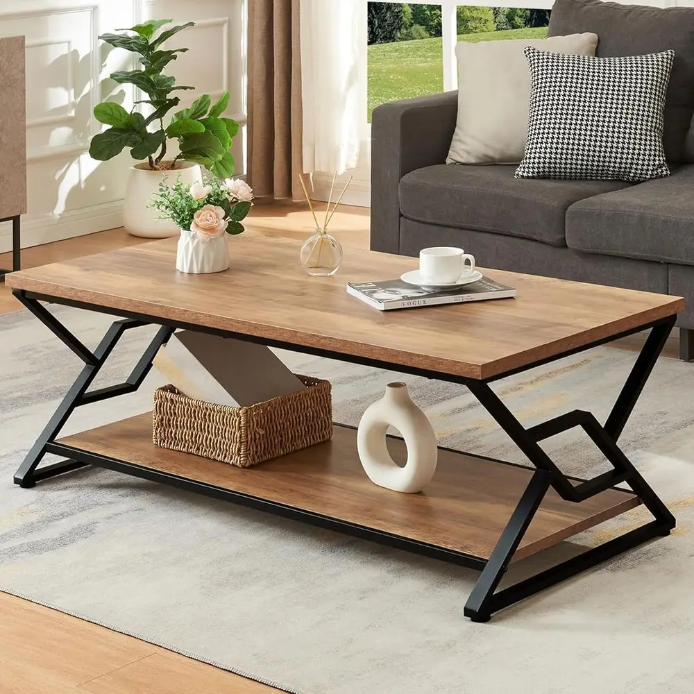 Rustic Rectangular Coffee Table with 2-Tier Storage, 47 Oak Brown, Minimalist Living Room Centerpiece
