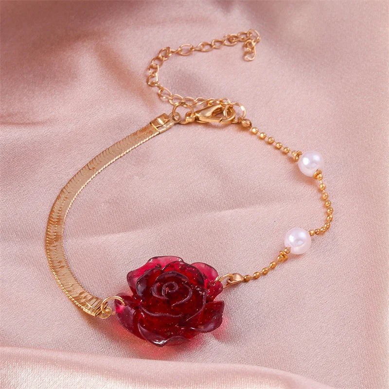 Aihua Koreanischer Stil Perlen-Rote-Rose-Blumen-Armband für Frauen Trendiges Rosen-Charm-Armband Weibliches Geburtstagsgeschenk – Detail 3