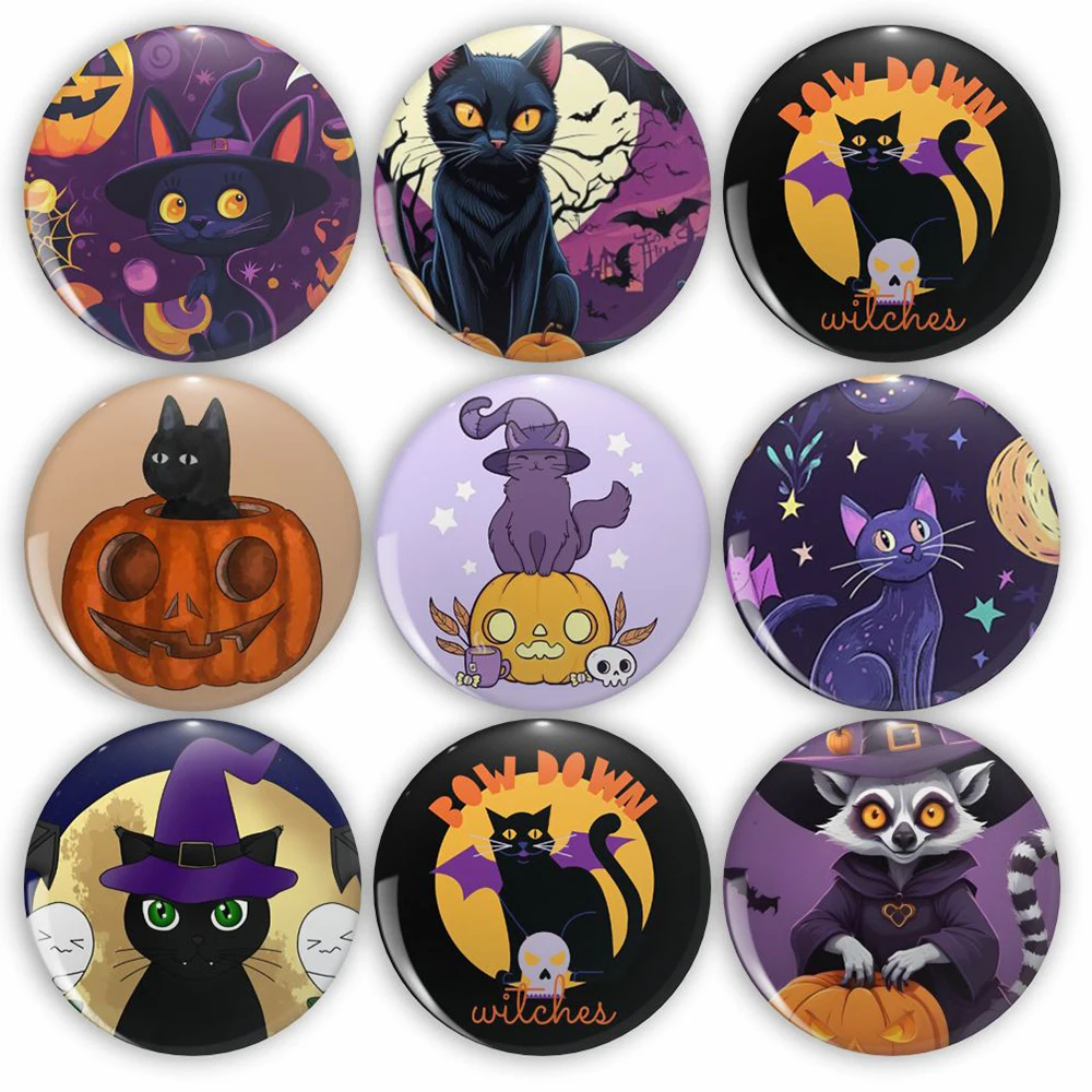 Magic Cat Tinplate Brooches Halloween Horror Kitten Button Pins Skull Bat Lapel Badges Backpack Jewelry Custom Gifts for Friends