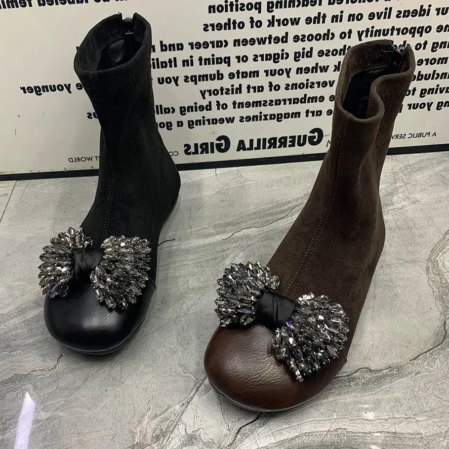 

Модные женские ботинки с бантом и стразами, женская обувь, теплые зимние женские полусапожки на меху, повседневные ботинки на плоской подошве больших размеров, дизайнерская обувь