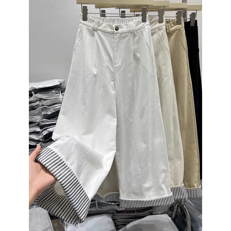สไตล์เกาหลีลายเปิดขึ้นกุ๊นกางเกงขากว้างหลวมตรงกางเกงลําลองครอป