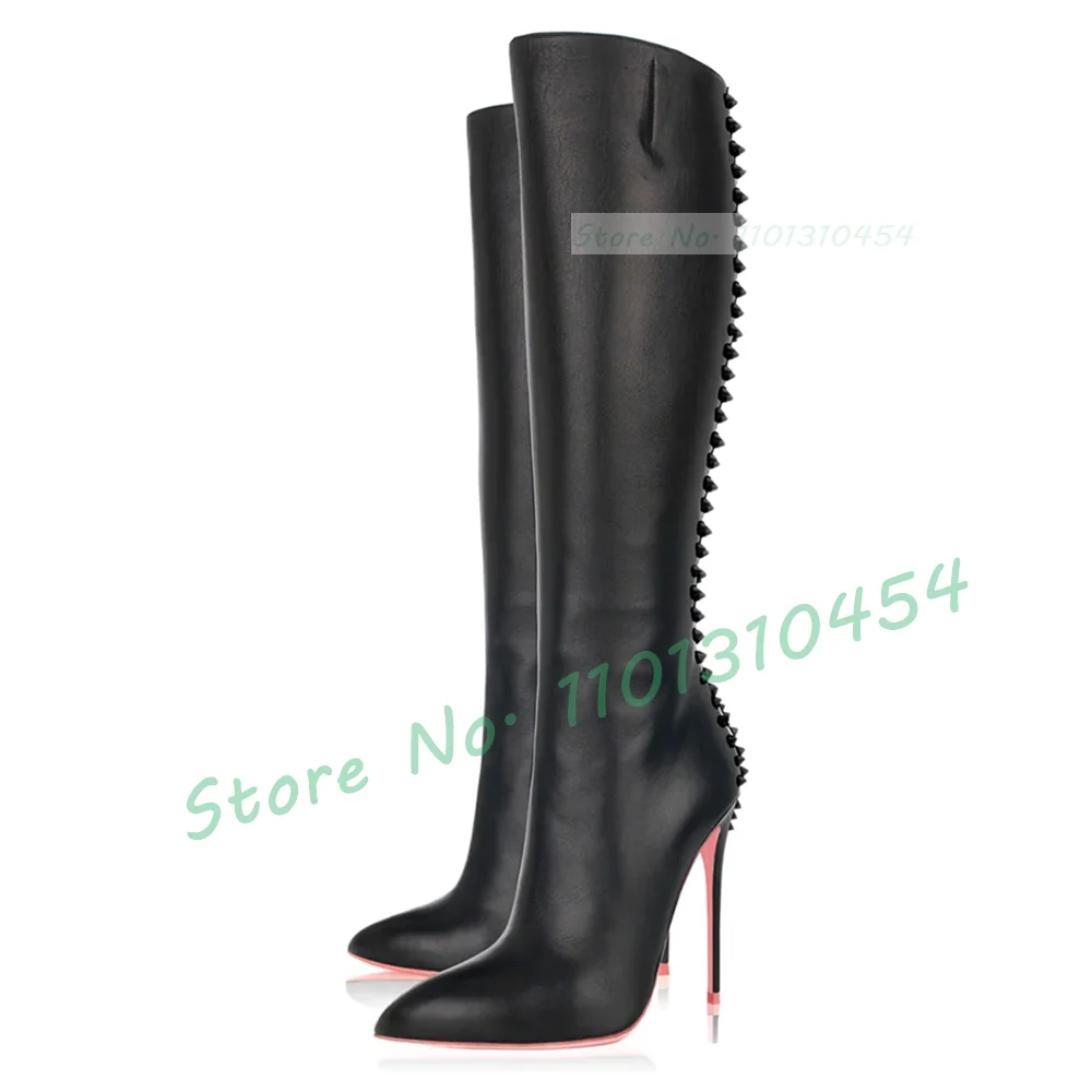 Rivets Slim Knee High Boots Women Pointy Toe Side Zipper Pink Sole High Heels Fashion British Style Sexy Ladies Leggy Shoes