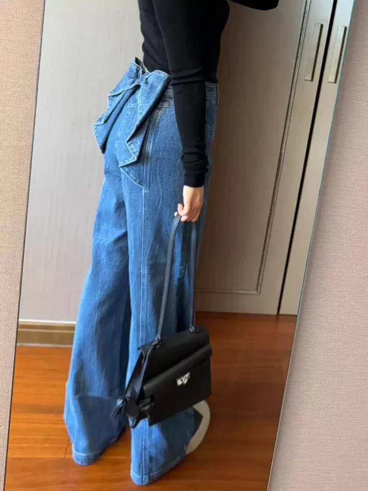 2025 Ropa Y2K Fashion Blue Bowknot Design Baggy Stacked Jeans Pants For Women Clothing Korean Casual Blue Elegant Lady Trousers