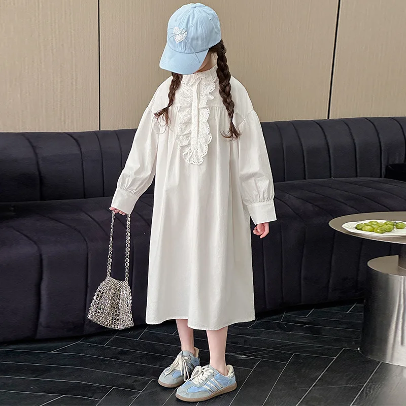 

Teenager Girls Dress Autumn Korean Simple Solid Color Children Girls Princees Dress Patchwork Turn Down Collar Kids Girl Dress