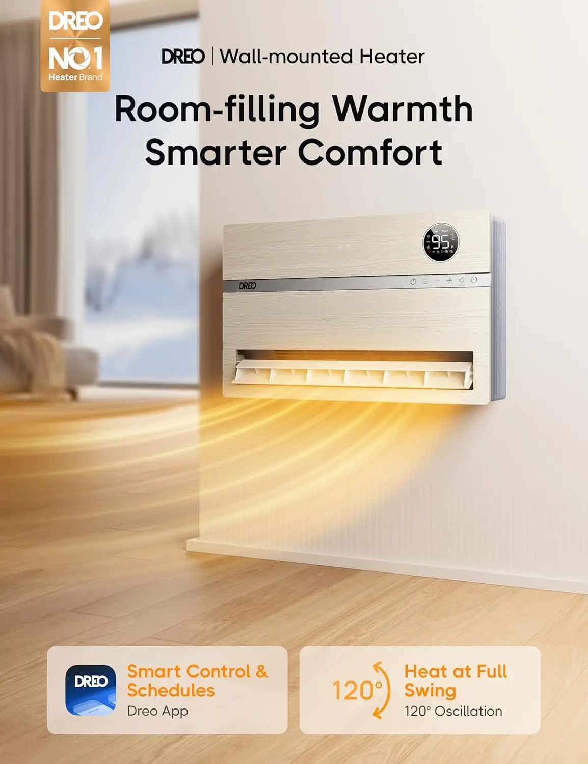 Smart Wall Heater, Electric Space Heater for Bedroom 1500W, 120° Vertical Oscillation, Adjustable Thermostat, Remote Control, 24