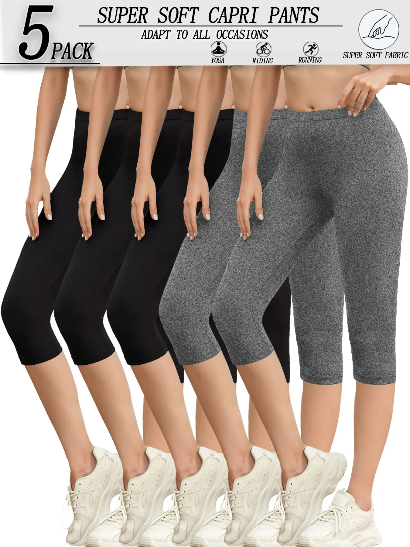 

5 Pack Women's Super Soft Capri High Stretchy Breathable Sports No See Through Workout Running Yoga Push Up Gym Fitness Leggings