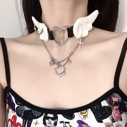 Women Unique Angel Wing Choker Necklace Goth Hollow Heart Collar Y2k Lolita Metal Pendant Subculture Choker Punk Necklace Jewelr