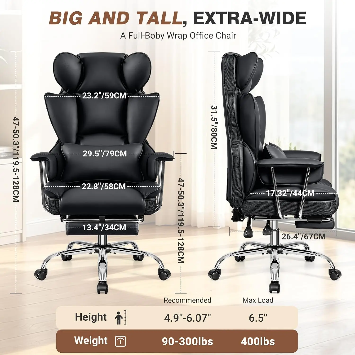 Ergonomic Leather Office Chair with Footrest, Wide Seat Reclining High Back Computer Desk Chair Heavy Duty 400LBS, Customized