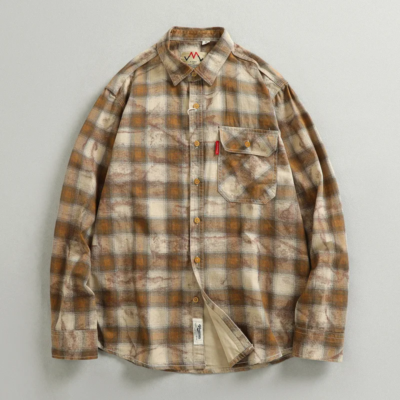 Men's Vintage Plaid Tie-Dye Work Shirts Cotton Woven Washed Distressed Casual Button Down Shacket Jacket Autumn Cargo Shirt Coat