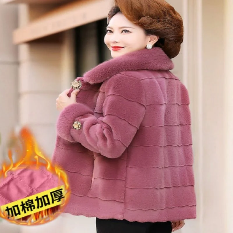 Mother's Autumn Coat Fashion Mink Fleece Jacket for Middle And Elderly Women's Winter Short Khaki Thick Fur Coat Female Elegant