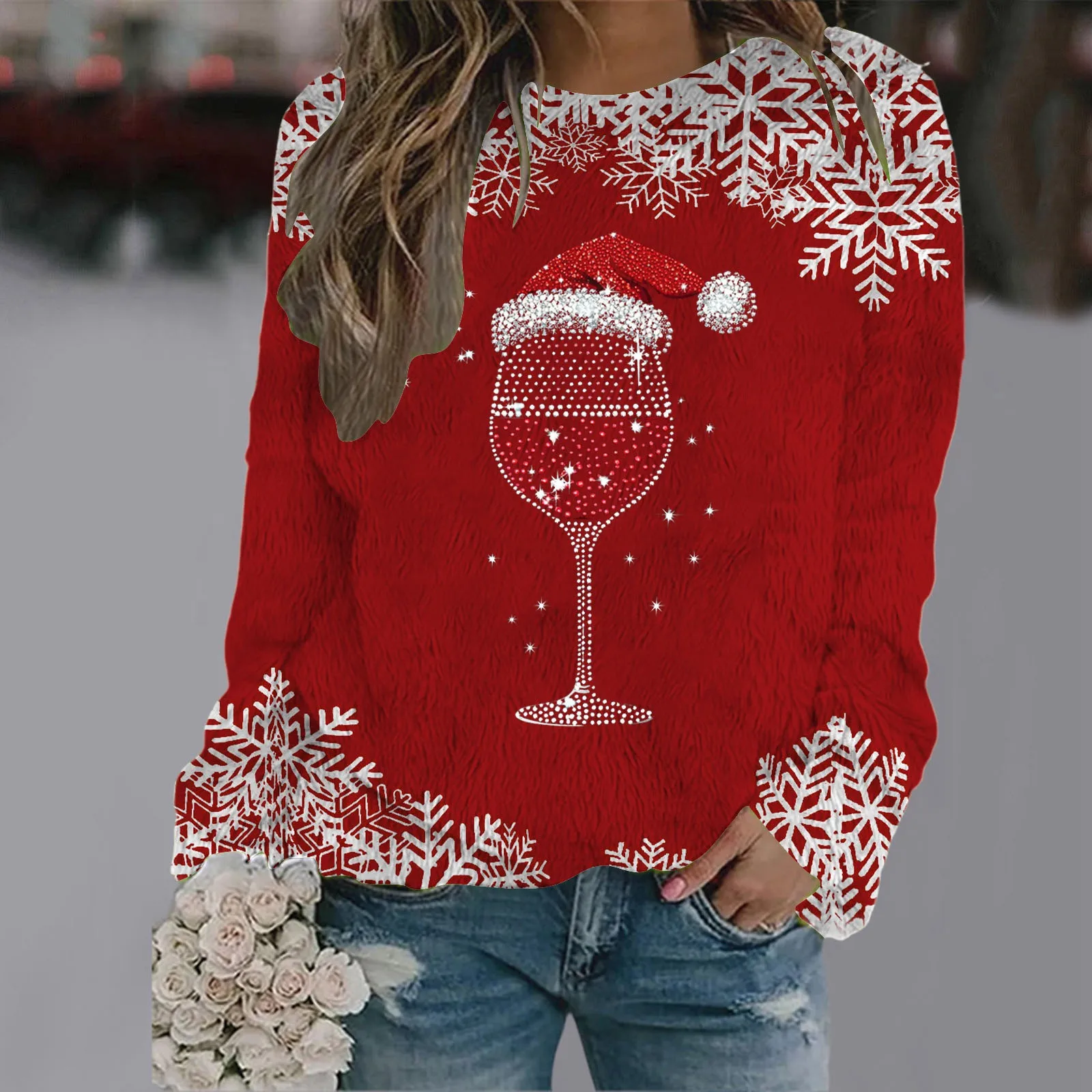 Christmas Women's Casual Crew Neck Long Sleeve Sweatshirt With Fine Knit Sweater Women Long Sleeve Chunky Knit Pullover Sweater