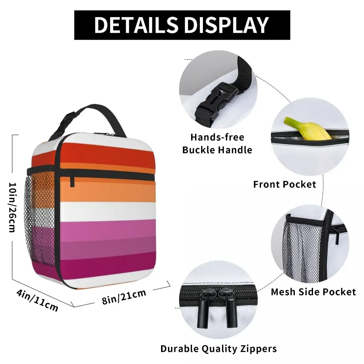 Hot Sale Orange - Magenta Lines Lesbian Pride Flag Butch Femme Pride Flag Elegant Insulated Tote Bus Trip Insulated Tote