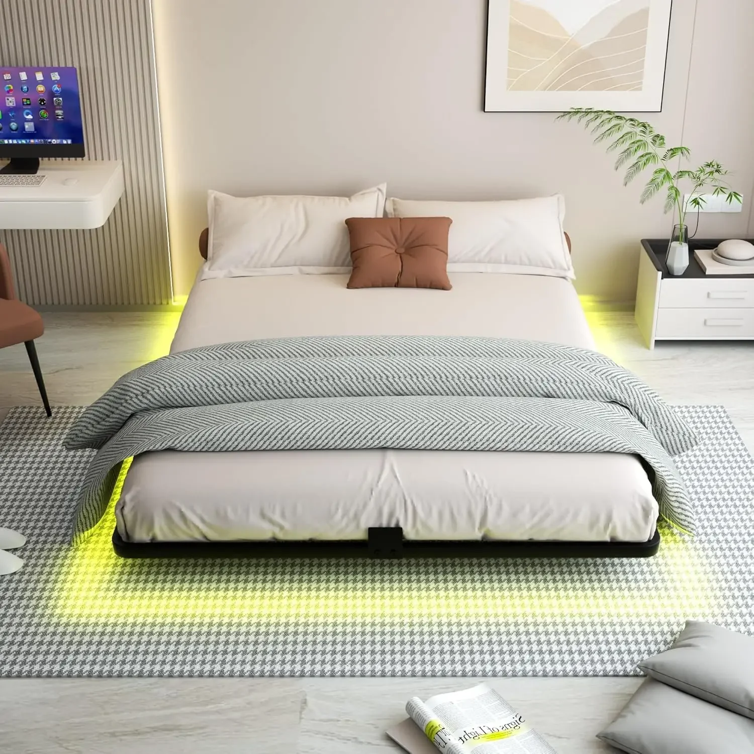 King Floating Bed Frame with LED Lights - Modern Metal Platform Bed Frame - Noise Free No Box Spring Needed and Easy Assembly