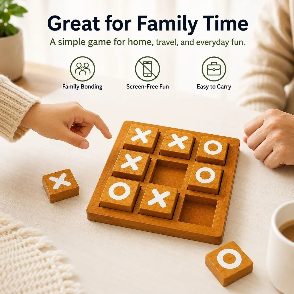 Portable Wooden Tic Tac Toe Wooden Handcrafted Finish Educational Board Game Two Player Interactive Design Logical Thinking Toy