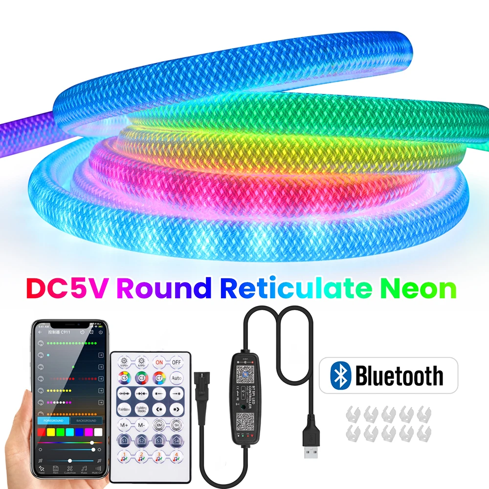 Smart Rgbic Round Reticulate Neon Led Strip 5V Dc 360 Degree Glow 50 Leds/M Flexible Silicone Tape Ip67