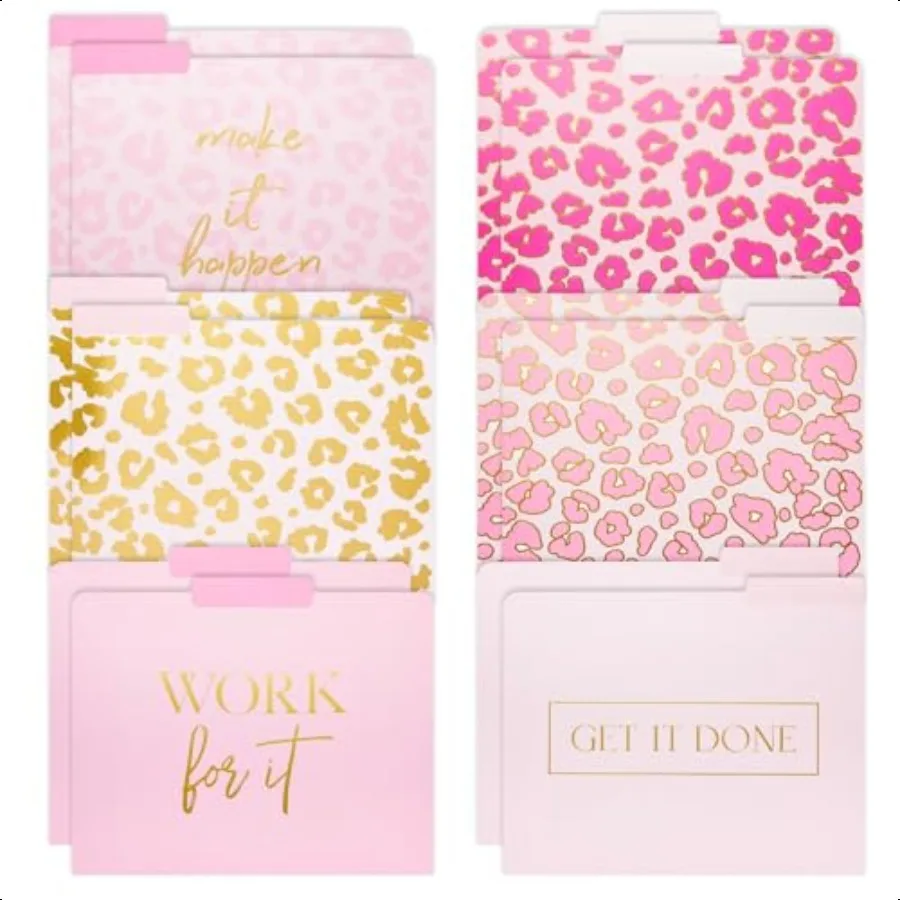 

12 Pack Pink Leopard Decorative File Folders Letter Size for Women Cute Gold Foil Print Office plies 1 3 Cut Tab 11.5 x 9.5 in
