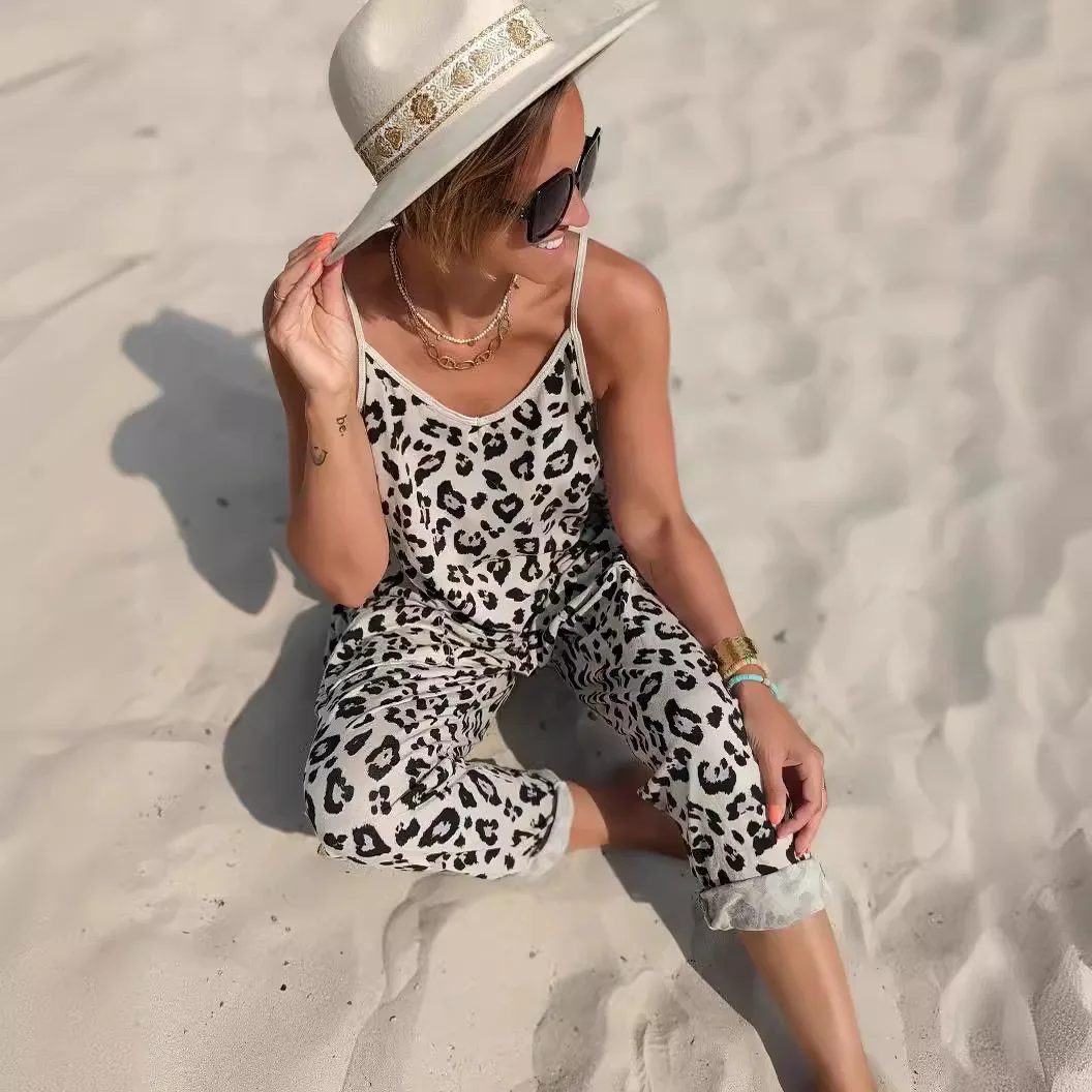 Summer Jump Suits for Women Loose Sleeveless Jumpsuit with Suspenders Leopard Print Women Long Jumpsuit Thin Overalls for Women